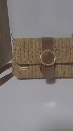 Bohemian Straw Crossbody Bag - Handmade Authentic Mini Bag by Seval Özsoy - Natural Woven Shoulder Purse with Leather Flap - Unique Artisan Gift