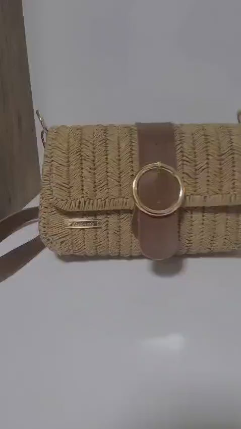 Bohemian Straw Crossbody Bag - Handmade Authentic Mini Bag by Seval Özsoy - Natural Woven Shoulder Purse with Leather Flap - Unique Artisan Gift