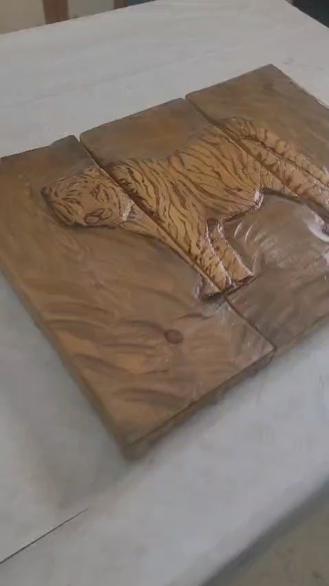 Spirit of Shadow and Fire: 3-Piece Hand-Carved & Pyrography Wood Art Tiger - Homeartparis production