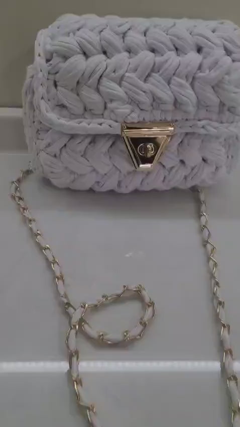 Chalk White Crochet Crossbody Bag - Handmade Popcorn Stitch Purse by Seval Özsoy - Soft T-Shirt Yarn Mini Bag - Unique Designer Gift