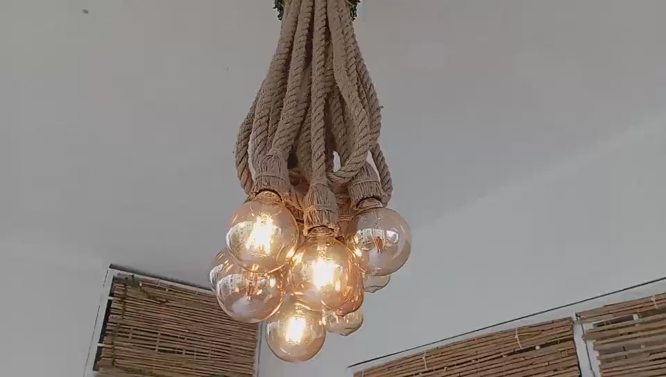 Waterfall Rope Chandelier, Rustic Cluster Light, Stairwell & High Ceiling Lighting, 8-Arm Jute Pendant
