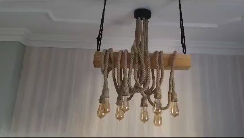 The homeartparis - Linear Wood Chandelier, Kitchen Island Lighting, Rustic Dining Table Lamp, 8-Rope Pendant Light Fixture