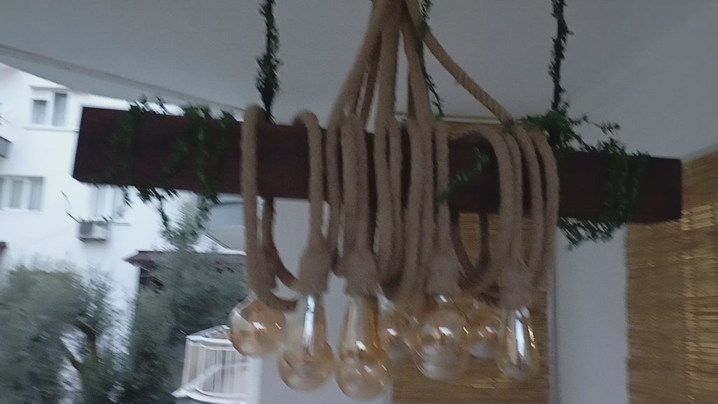 Rustic Wood Beam Chandelier with 10 Hanging Rope Sockets Vintage Industrial Light Homeartparis production