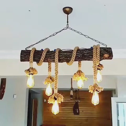 6-Light Natural Oak Branch and Rope Rustic Chandelier - Organic Homeartparis Design