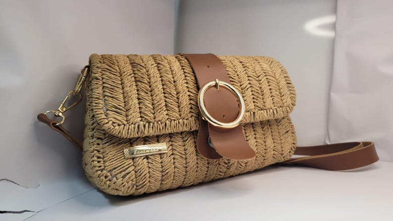 Bohemian Straw Crossbody Bag - Handmade Authentic Mini Bag by Seval Özsoy - Natural Woven Shoulder Purse with Leather Flap - Unique Artisan Gift