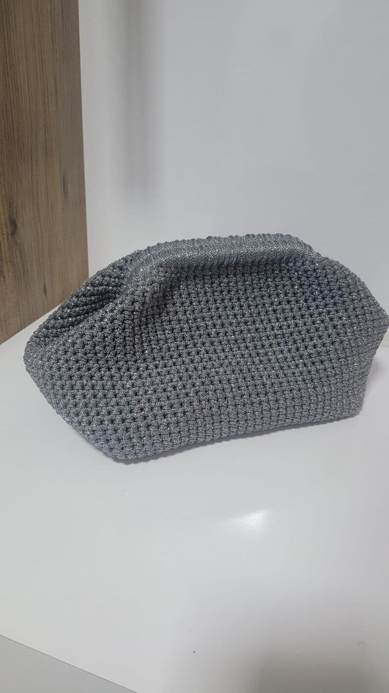 The Homeartparis Sparkly Grey Crochet Clutch - Handmade Silver Glitter Evening Bag by Seval Özsoy - Luxury Party Purse with Metal Frame - Elegant Occasion Gift
