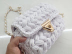 Chalk White Crochet Crossbody Bag - Handmade Popcorn Stitch Purse by Seval Özsoy - Soft T-Shirt Yarn Mini Bag - Unique Designer Gift