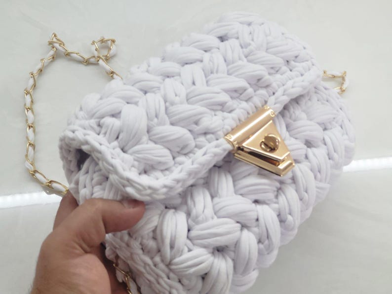 Chalk White Crochet Crossbody Bag - Handmade Popcorn Stitch Purse by Seval Özsoy - Soft T-Shirt Yarn Mini Bag - Unique Designer Gift