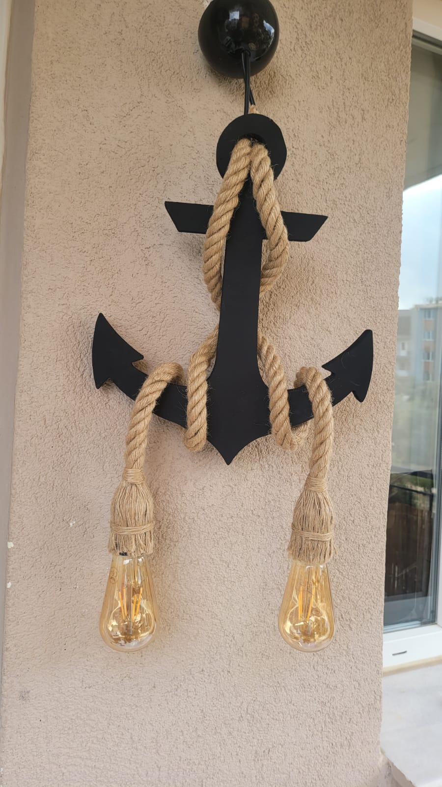 Handcrafted Wooden Anchor Pendant Light - Nautical Dual-Rope Chandelier with Adjustable Hanging Height