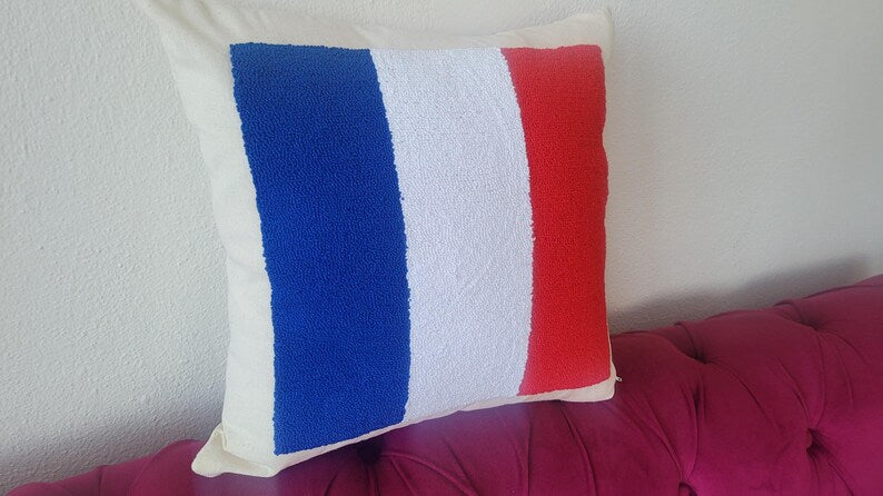 Homeartparis French Flag Punch Needle Pillow Cover, France Linen Cushion Case, Parisian Style Gift, Textured Home Decor 16x16