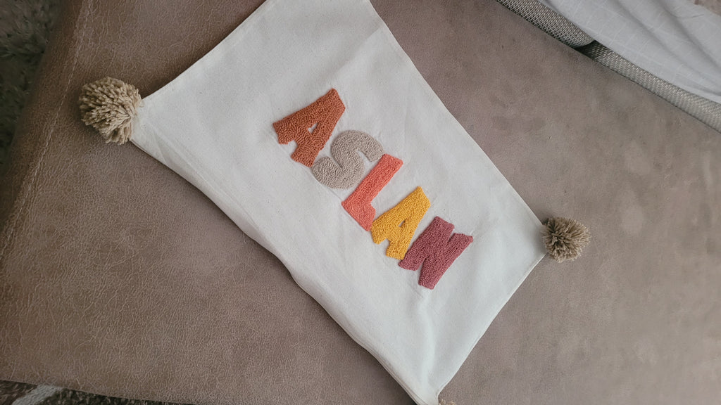 Personelized baby pillow Text  Pillow, Punch Needle Personalized Cushion Cover, Rectangular Name Pillow, Linen Decor Gift