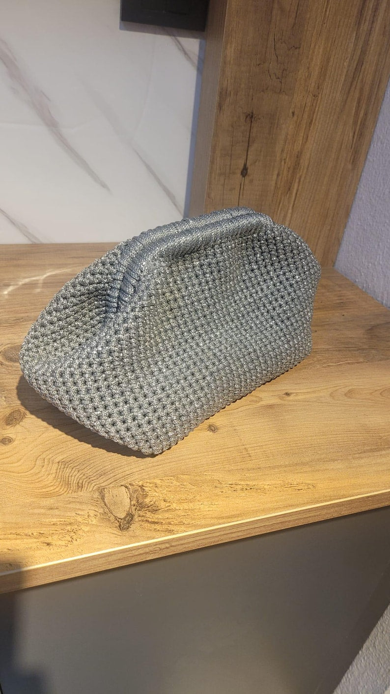 The Homeartparis Sparkly Grey Crochet Clutch - Handmade Silver Glitter Evening Bag by Seval Özsoy - Luxury Party Purse with Metal Frame - Elegant Occasion Gift