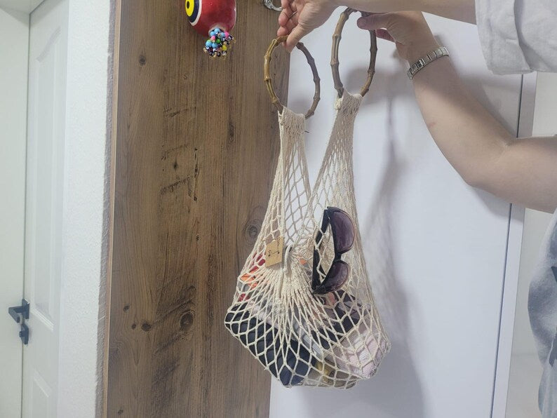 Hand-Knitted Mesh Beach Bag - Bohemian Market Tote by Seval Özsoy - Wooden Handle Summer Purse - Strong & Foldable Artisan Gift