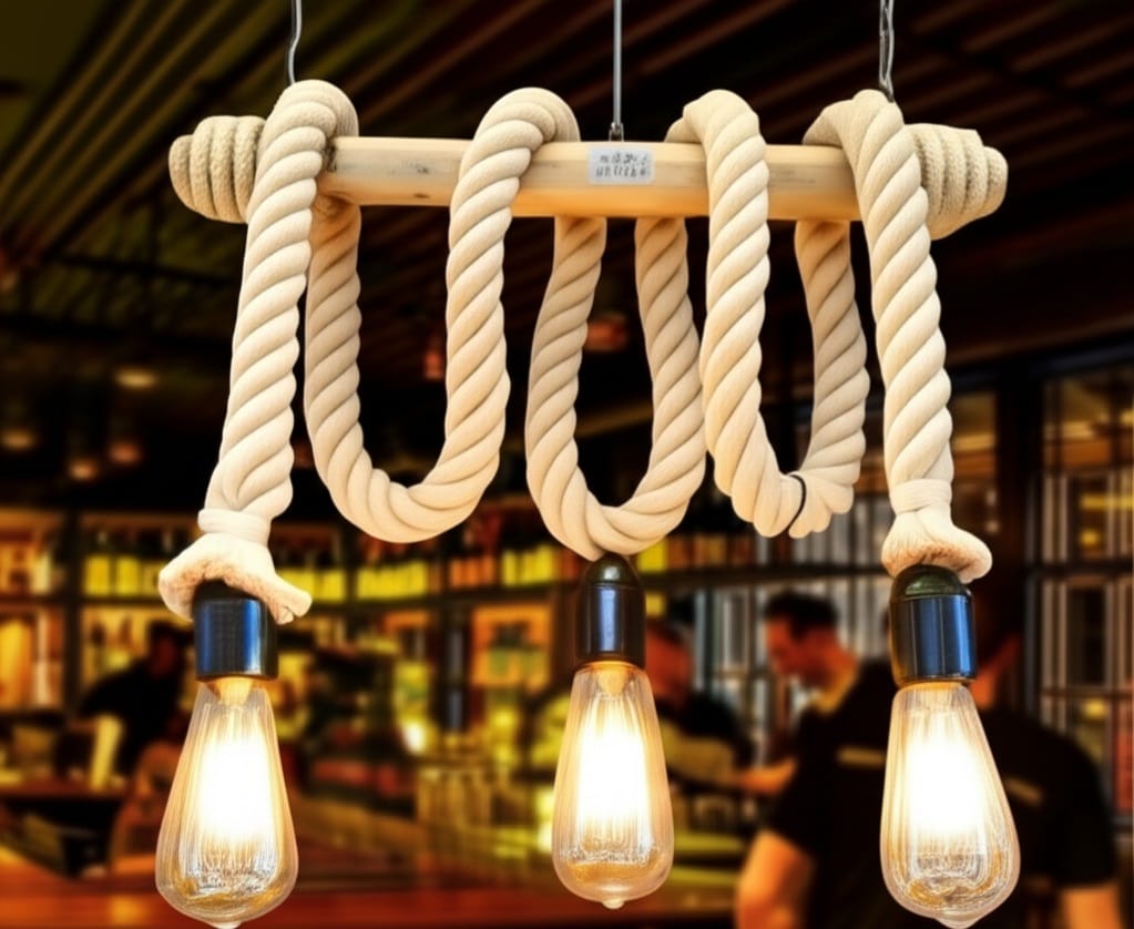 3-Light White Rope and Natural Wood Rustic Chandelier Homeartparis production