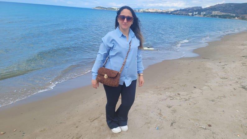 Brown Soft Plush Shoulder Bag - Handmade Designer Crossbody by Seval Özsoy - Luxury Cozy Faux Fur Purse with Gold Chain - Unique Gift