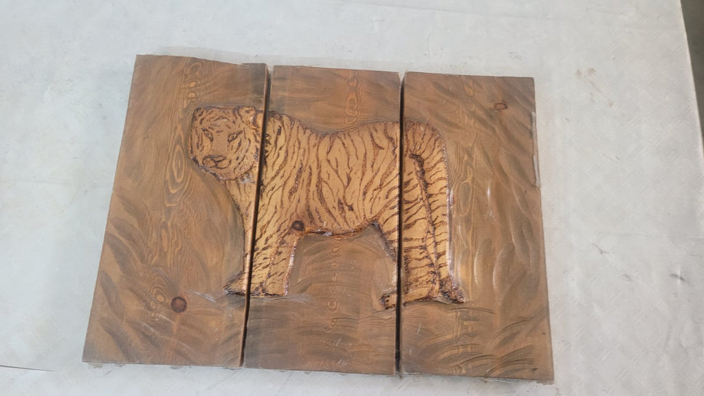 Spirit of Shadow and Fire: 3-Piece Hand-Carved & Pyrography Wood Art Tiger - Homeartparis production