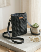 Black Crochet Mini Shoulder Bag - Bohemian Knit Crossbody Purse with Vegan Leather Accents - Unique Artisan Gift for Daily Use