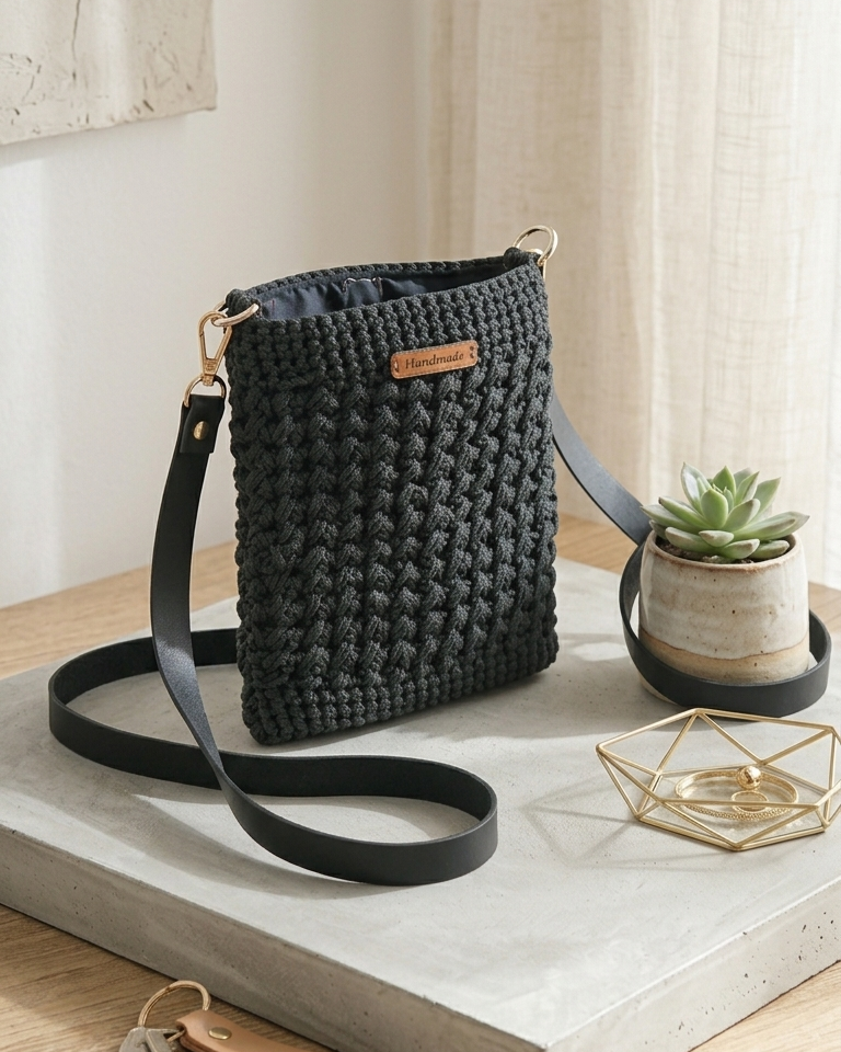 The Black Crochet Mini Bag - Handmade Phone Purse by Seval Özsoy - Small Crossbody Shoulder Bag - Minimalist Artisan Gift for Her