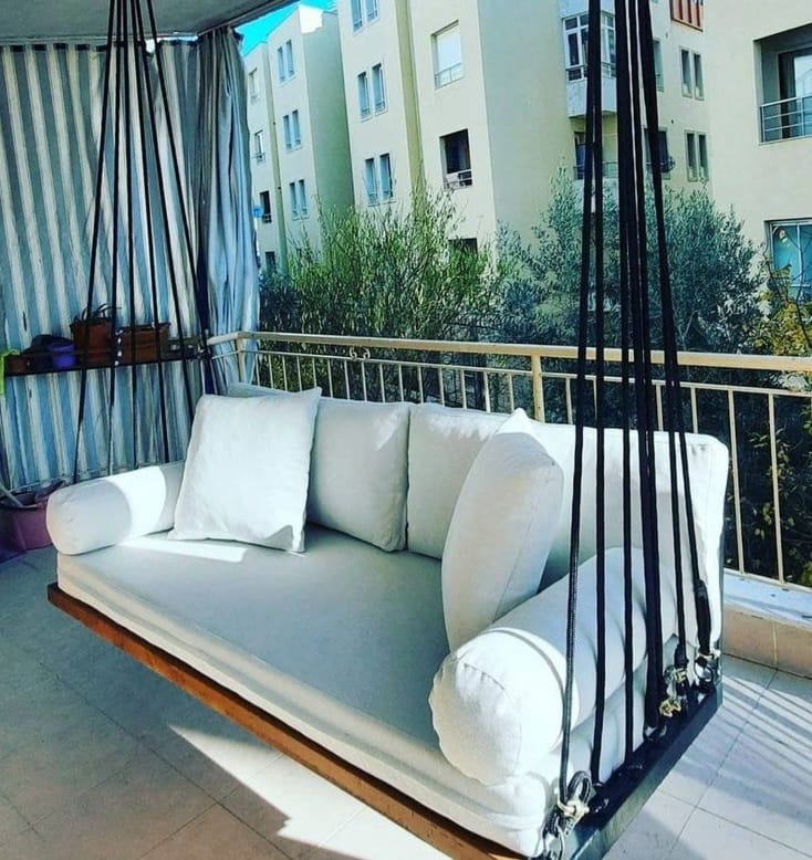 Handcrafted Spruce Wood Hanging Daybed with Backrest - Complete All-Inclusive Set - Homeartparis production