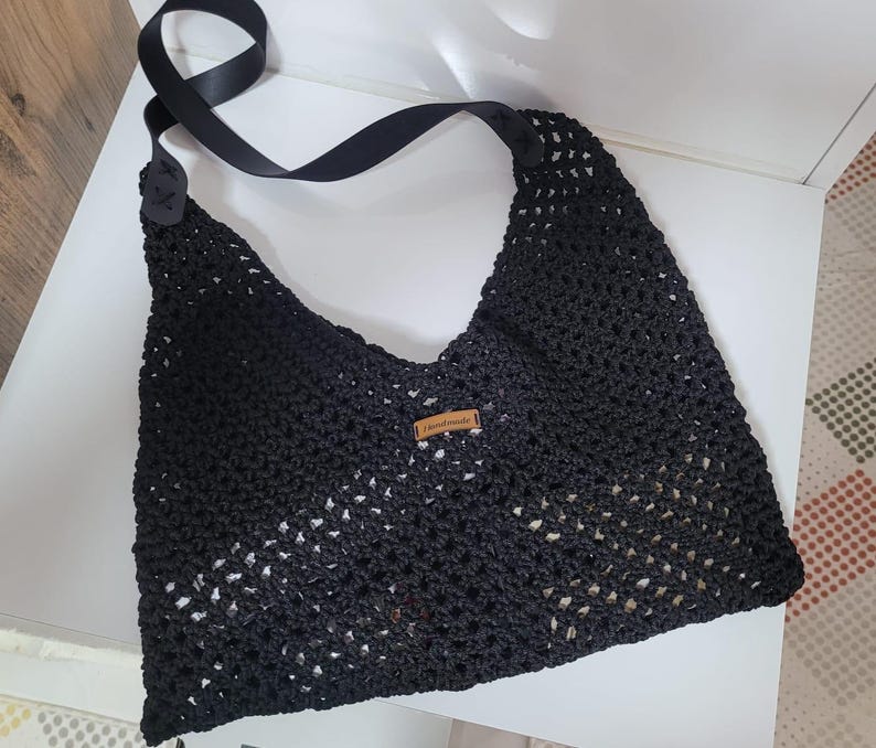 Home art paris Elegant Black Crochet Evening Bag - Designer Hand-Knitted Shoulder Bag by Seval Özsoy - Unique Formal Crossbody Purse with Vegan Leaher Strap