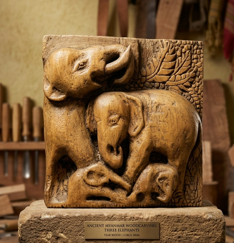 Serengeti Wind: Hand-Carved Wooden Elephant Family - Homeartparis production
