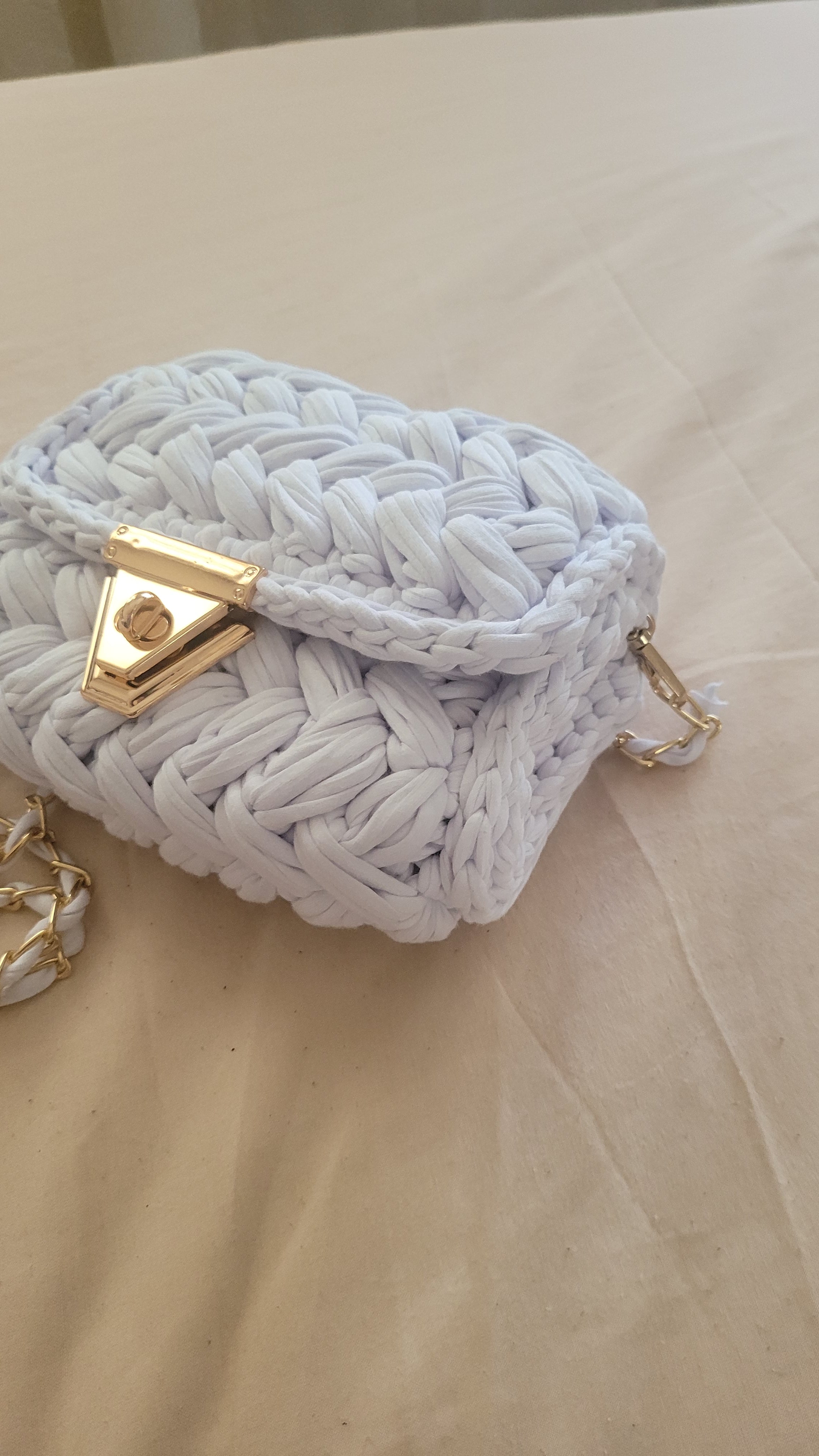Chalk White Crochet Crossbody Bag - Handmade Popcorn Stitch Purse by Seval Özsoy - Soft T-Shirt Yarn Mini Bag - Unique Designer Gift