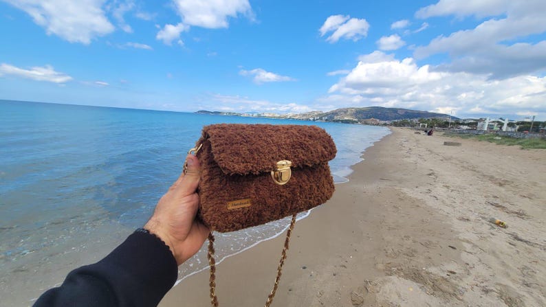 Brown Soft Plush Shoulder Bag - Handmade Designer Crossbody by Seval Özsoy - Luxury Cozy Faux Fur Purse with Gold Chain - Unique Gift