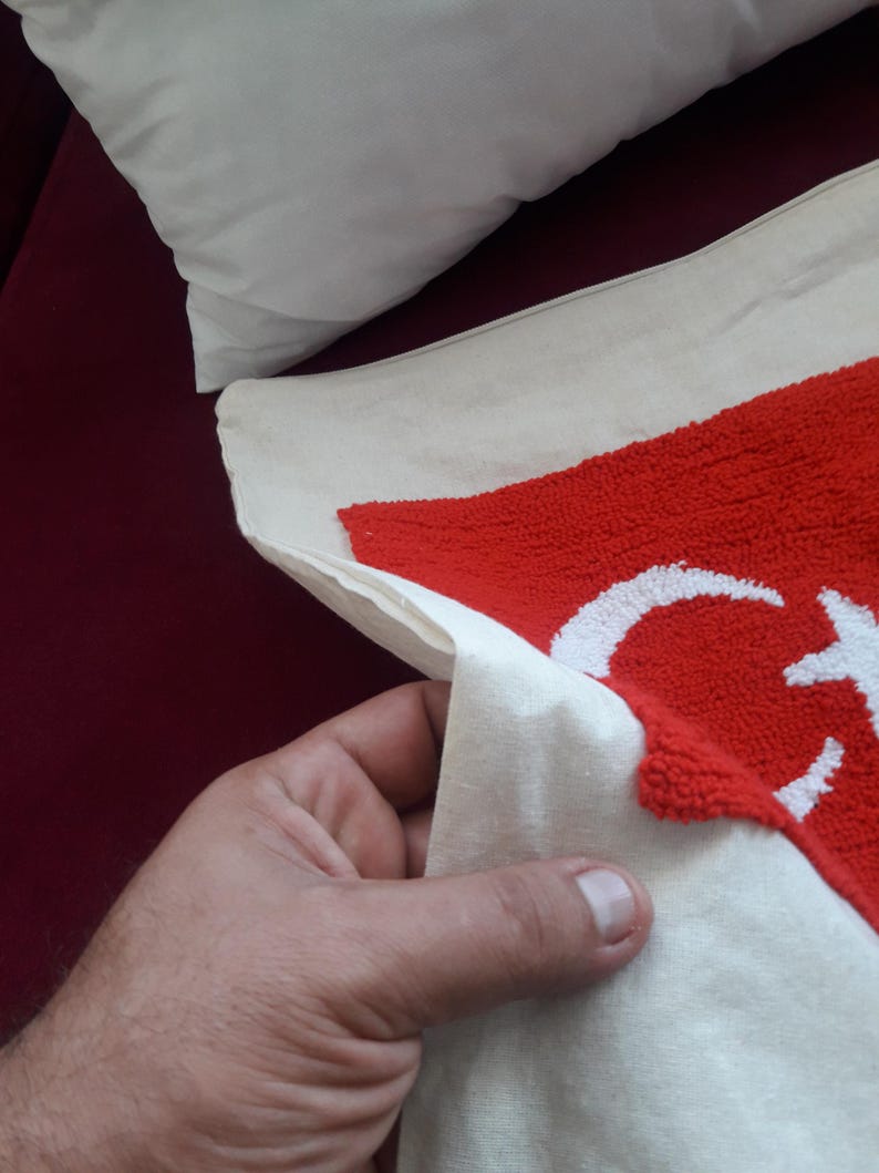 homeartparis Turkish Flag Punch Needle Pillow Cover, Turkey Linen Cushion Case, Travel Souvenir Gift, Textured Home Decor 16x16