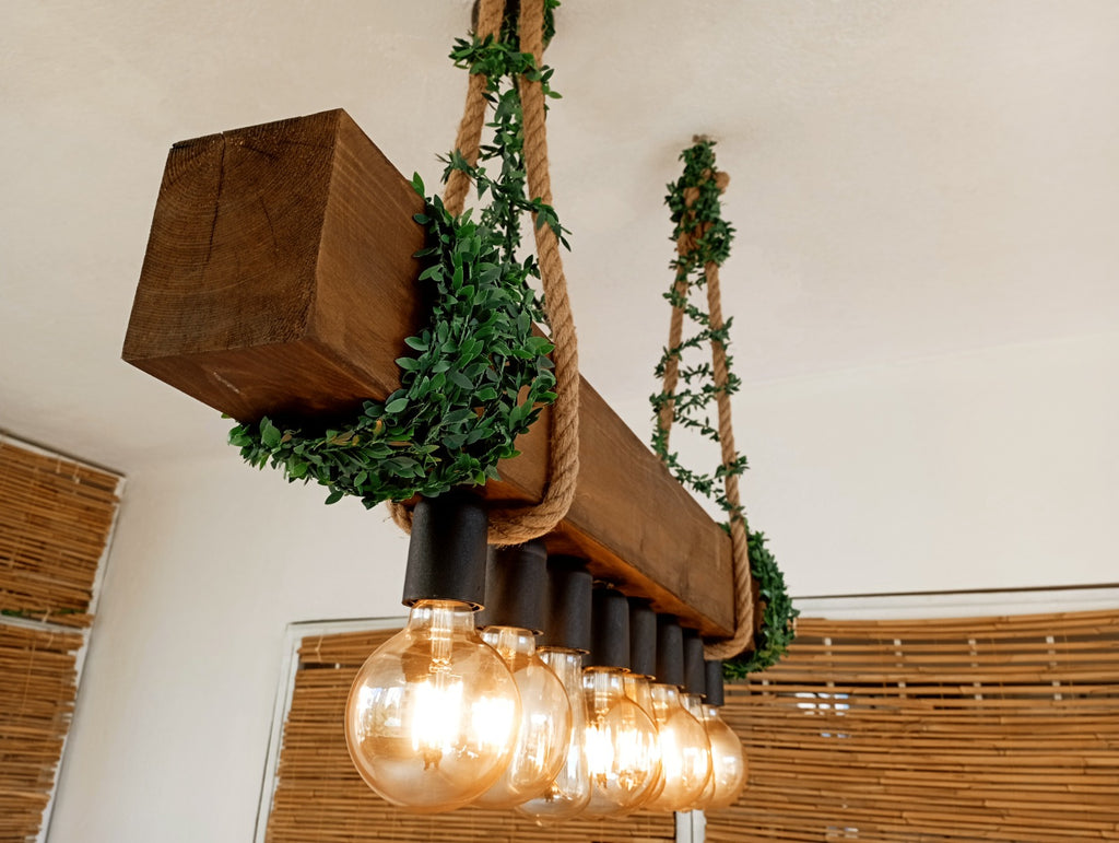 Vintage Barn Wood Beam and Rope Chandelier 8-Light Industrial Pendant Homeartparis production