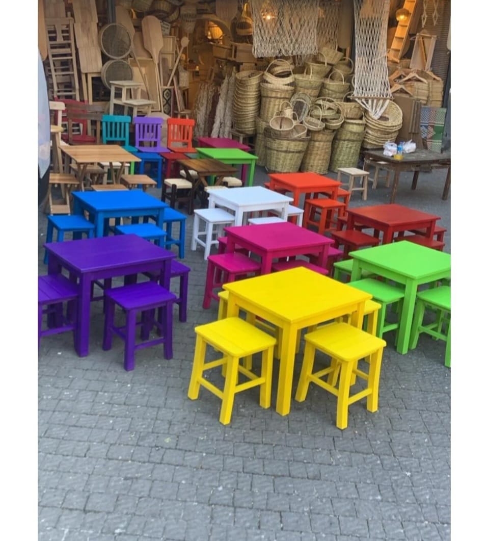 Vibrant Commercial Cafe Table Set, 4 Stools and 1 Table, Patio and Terrace Furniture, Customizable Wood, Suitable for Indoor/Outdoor Use> by homeartparis