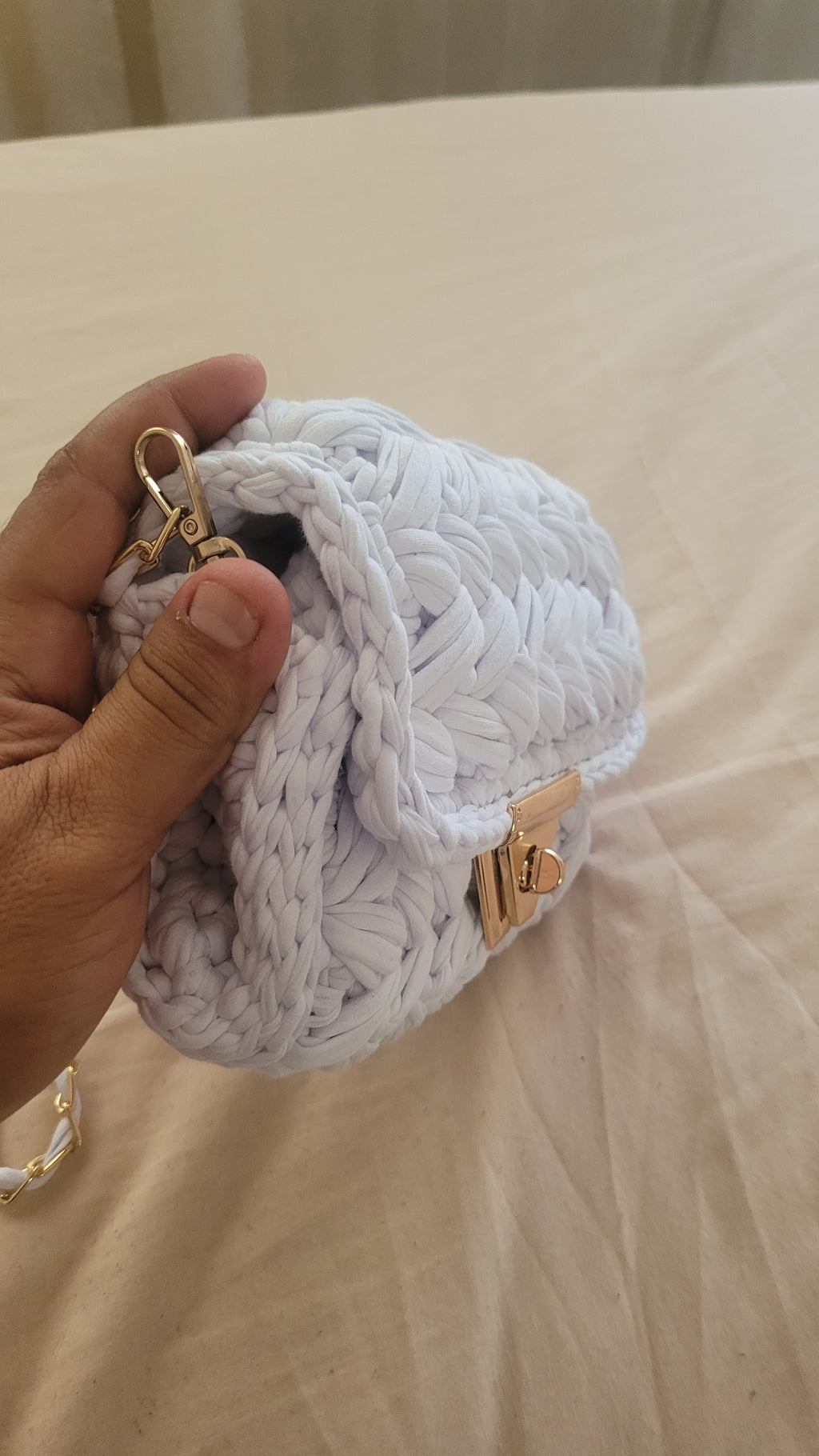 Chalk White Crochet Crossbody Bag - Handmade Popcorn Stitch Purse by Seval Özsoy - Soft T-Shirt Yarn Mini Bag - Unique Designer Gift