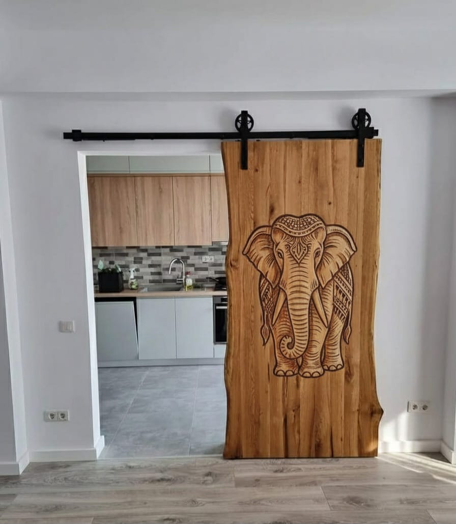 Handcarved Solid Wood Sliding Barn Door - Custom Artisanal Interior Door with Hardware - Homeartparis production