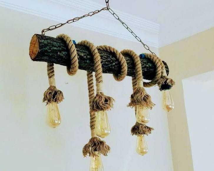 6-Light Natural Oak Branch and Rope Rustic Chandelier - Organic Homeartparis Design