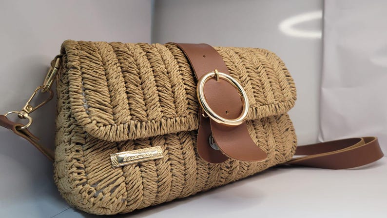 Bohemian Straw Crossbody Bag - Handmade Authentic Mini Bag by Seval Özsoy - Natural Woven Shoulder Purse with Leather Flap - Unique Artisan Gift