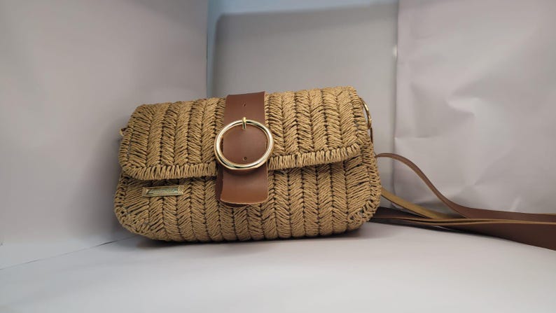 Bohemian Straw Crossbody Bag - Handmade Authentic Mini Bag by Seval Özsoy - Natural Woven Shoulder Purse with Leather Flap - Unique Artisan Gift
