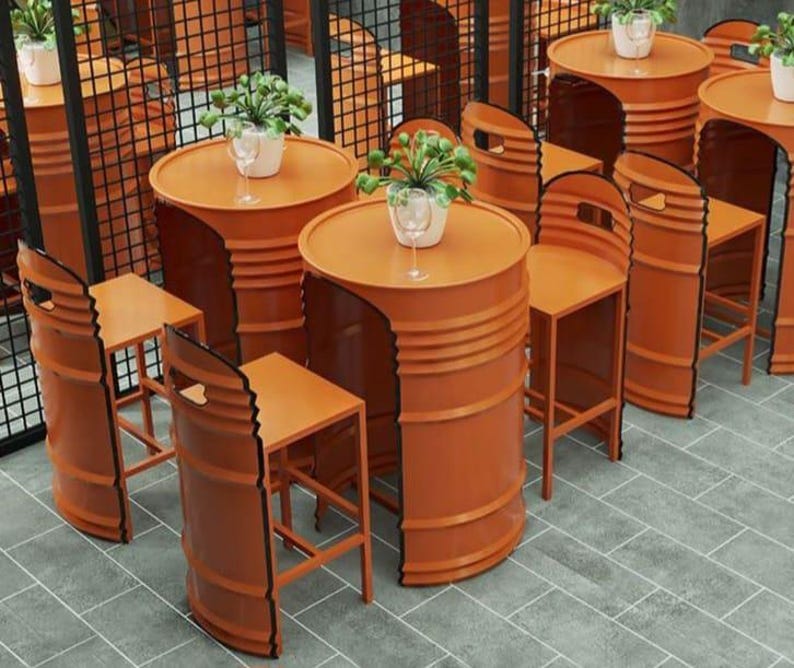 Industrial Metal Barrel Bistro Set | Custom Color Bar Table & Chairs Homeartparis