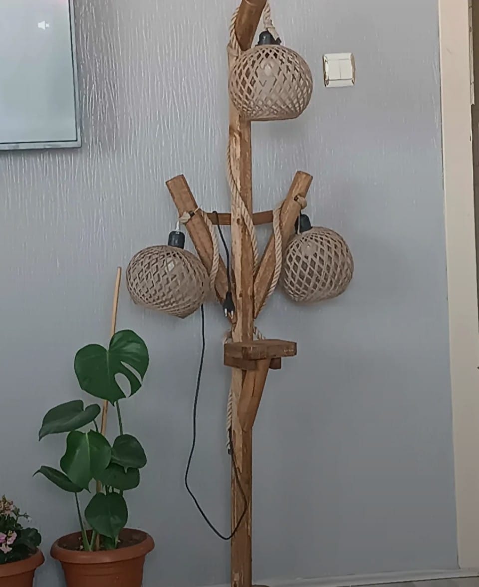 Natural Tree Branch Floor Lamp with 3 Rope Shades Homeartparis production