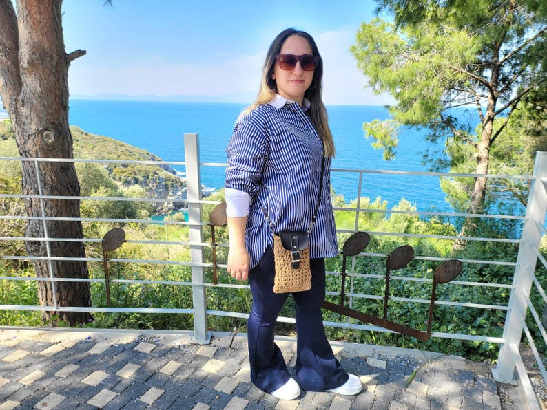 Crossbody Bag with Black Leather Flap - Handmade Authentic Mini Shoulder Bag by Seval Özsoy - Unique Woven Boho Purse