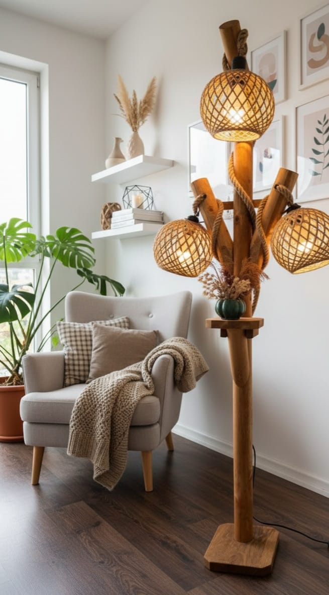 Natural Tree Branch Floor Lamp with 3 Rope Shades Homeartparis production