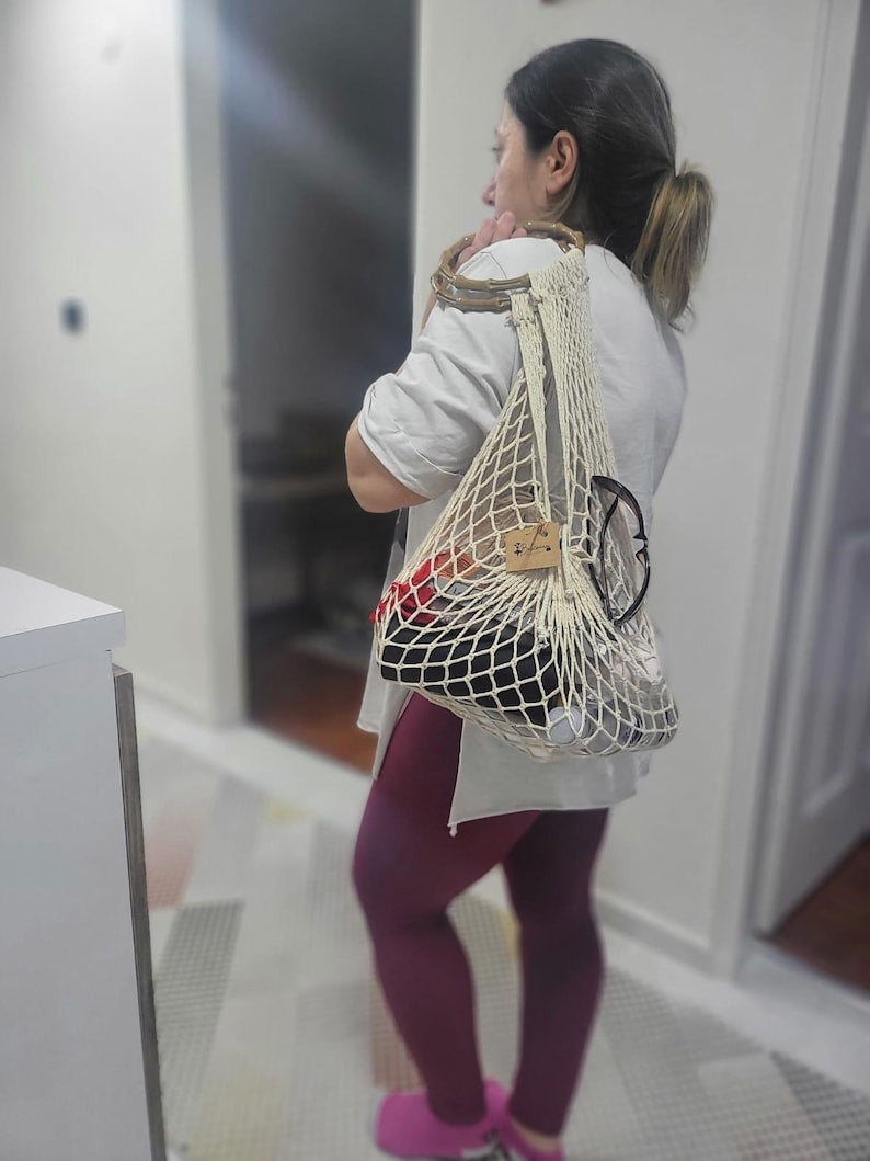 Hand-Knitted Mesh Beach Bag - Bohemian Market Tote by Seval Özsoy - Wooden Handle Summer Purse - Strong & Foldable Artisan Gift
