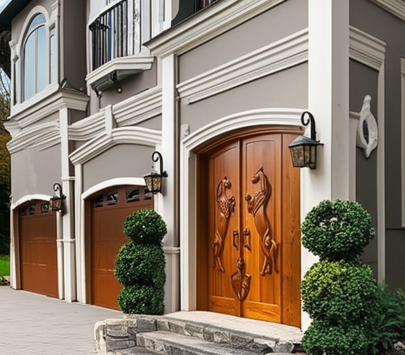 Vitage Wooden Garden Gate, Medieval Hand-Carved Chestnut Wood Double Doors with Rearing Horse Reliefs - Custom Size and Logo Options Homeartparis production