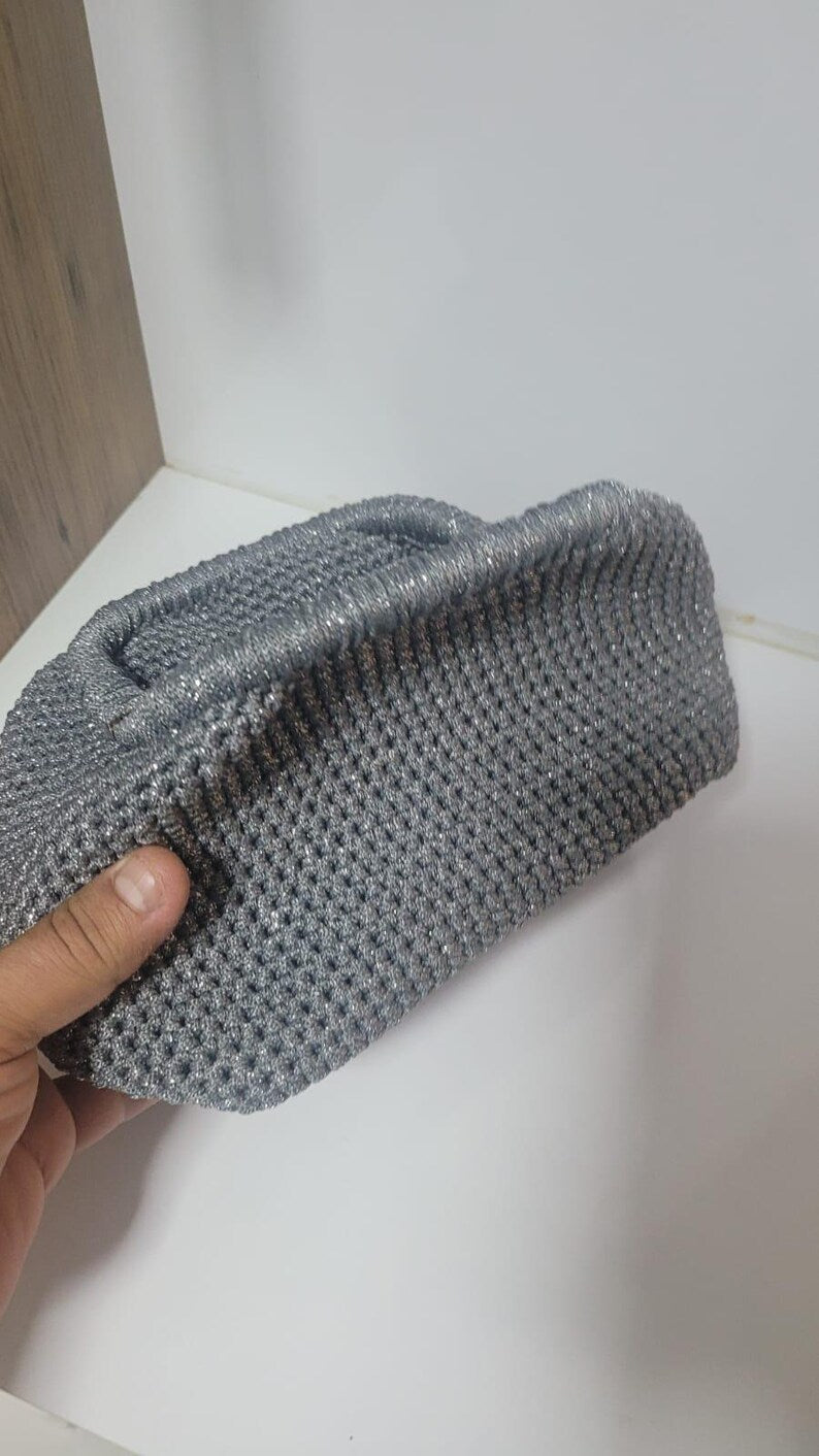 The Homeartparis Sparkly Grey Crochet Clutch - Handmade Silver Glitter Evening Bag by Seval Özsoy - Luxury Party Purse with Metal Frame - Elegant Occasion Gift