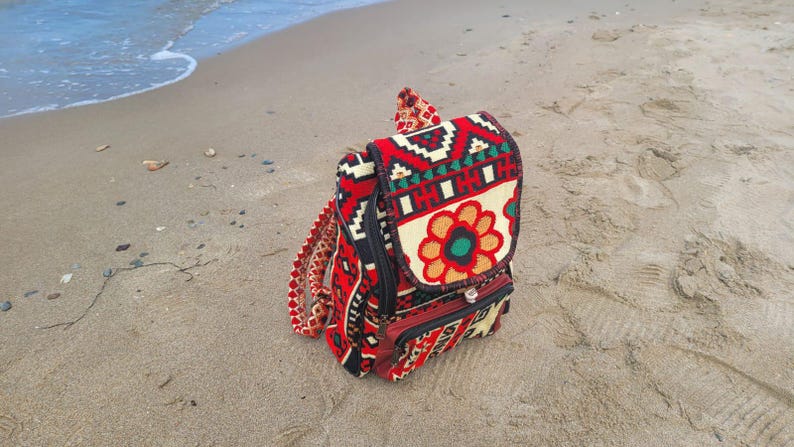 Ethnic Boho Backpack - Handwoven Authentic Kilim Pattern Travel Bag by Seval Özsoy - Unique Bohemian Rucksack - Artisan Kilim Accessory