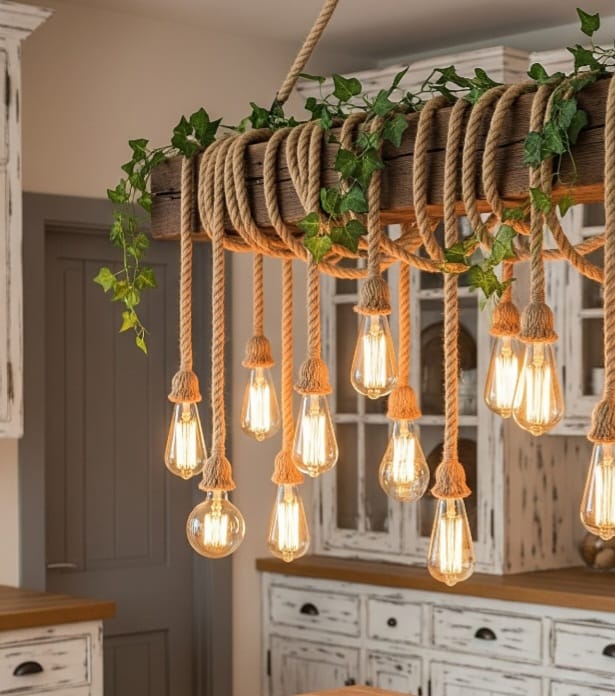 Grand 138 cm Wood Beam Chandelier with 15 Rope Pendants and Artificial Flowers Homeartparis production