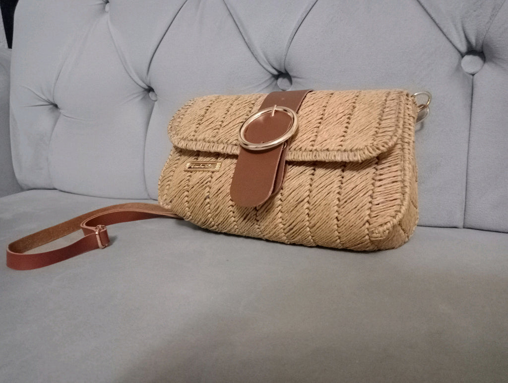 Handmade Straw Shoulder Bag - Bohemian Crossbody by Seval Özsoy - Natural Woven Summer Purse with Gold Ring Buckle - Unique Artisan Gift