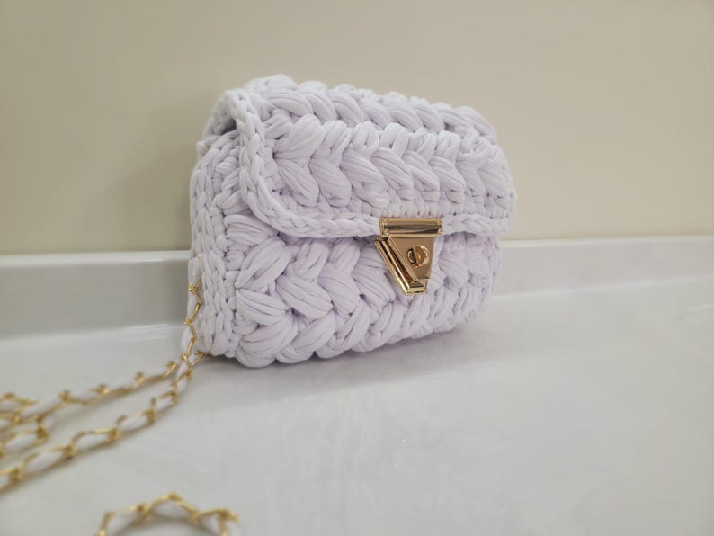 Chalk White Crochet Crossbody Bag - Handmade Popcorn Stitch Purse by Seval Özsoy - Soft T-Shirt Yarn Mini Bag - Unique Designer Gift