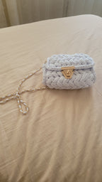 Chalk White Crochet Crossbody Bag - Handmade Popcorn Stitch Purse by Seval Özsoy - Soft T-Shirt Yarn Mini Bag - Unique Designer Gift