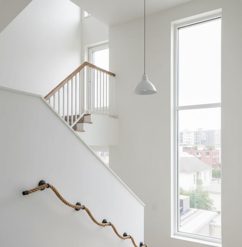 The Natural Jute Rope Handrail Kit (5m Rope + 5 Brackets), Rustic Stair Railing, Wall Mount Banister Coastal Farmhouse