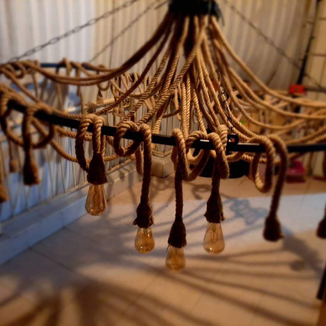 Grand 35-Arm Jute Rope Chandelier - Large Industrial Round Pendant Light - Homeartparis production