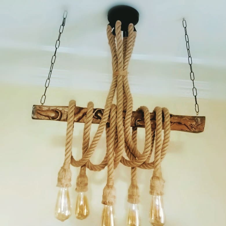 Hand Carved Mythological Snake Wood Chandelier with Jute Rope Vintage Beam Lighting Homeartparis production